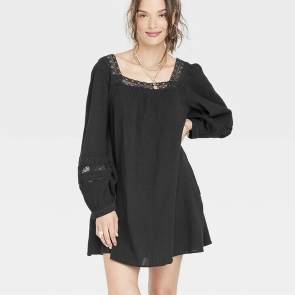 Universal Thread Women's Black midi Balloon Sleeve lace trim Tiered Dress size L - Picture 8 of 8